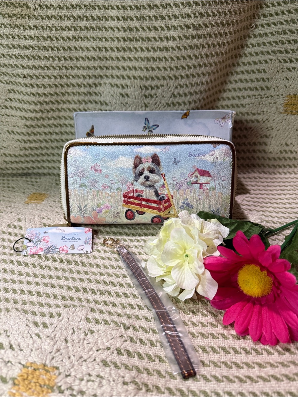 Brentano Floral Dog in Wagon Zip Wallet - Pastel Blue